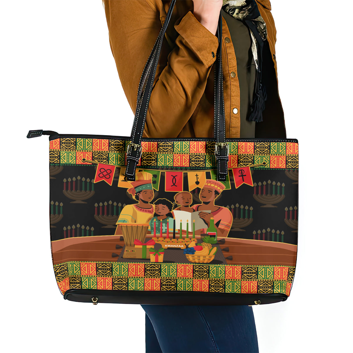 Happy Kwanzaa Leather Tote Bag African-American Culture Celebration - Wonder Print Shop