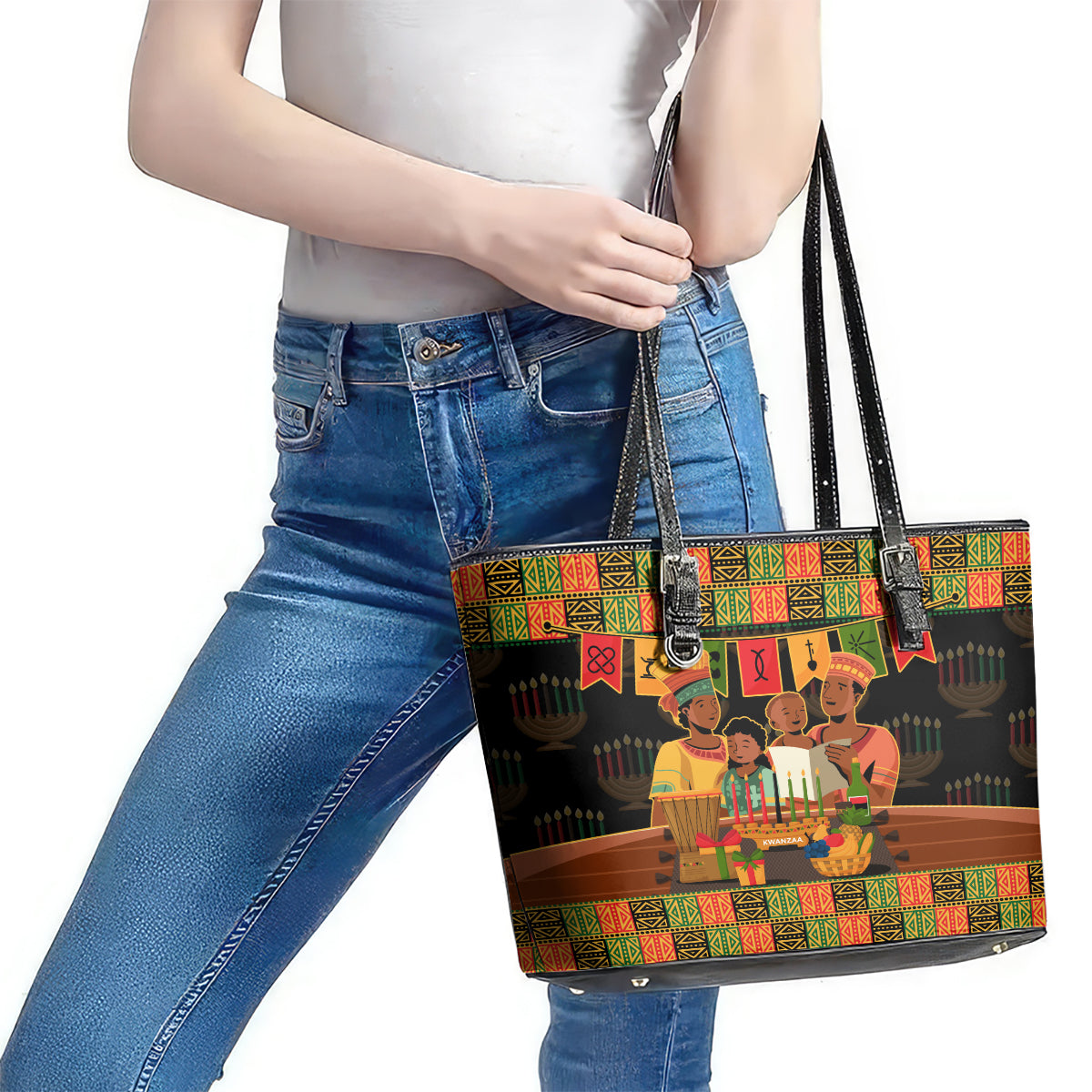 Happy Kwanzaa Leather Tote Bag African-American Culture Celebration - Wonder Print Shop