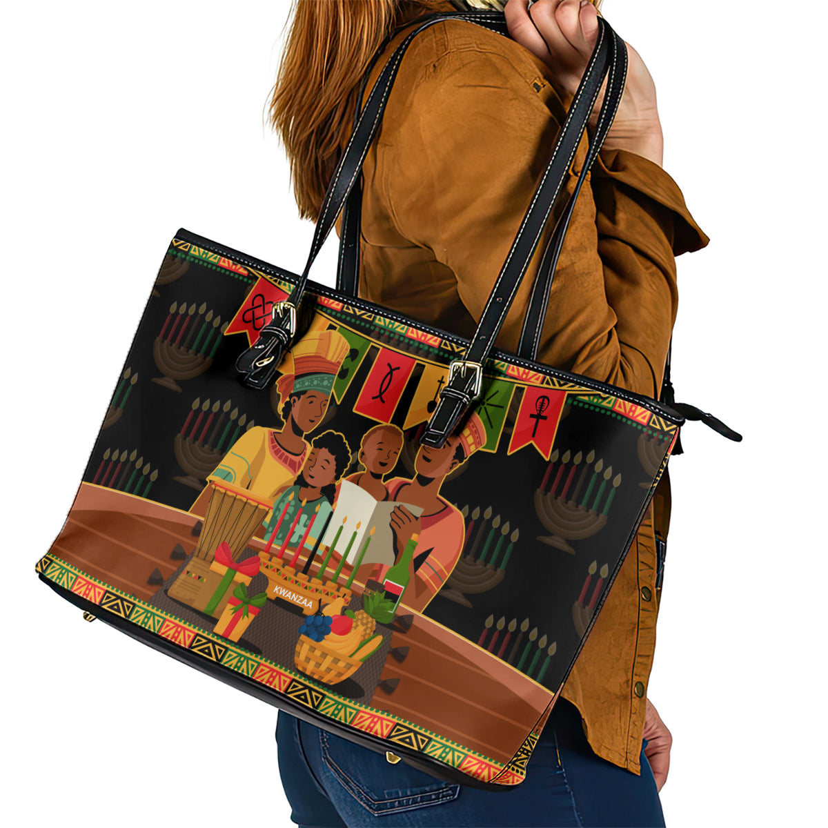Happy Kwanzaa Leather Tote Bag African-American Culture Celebration - Wonder Print Shop