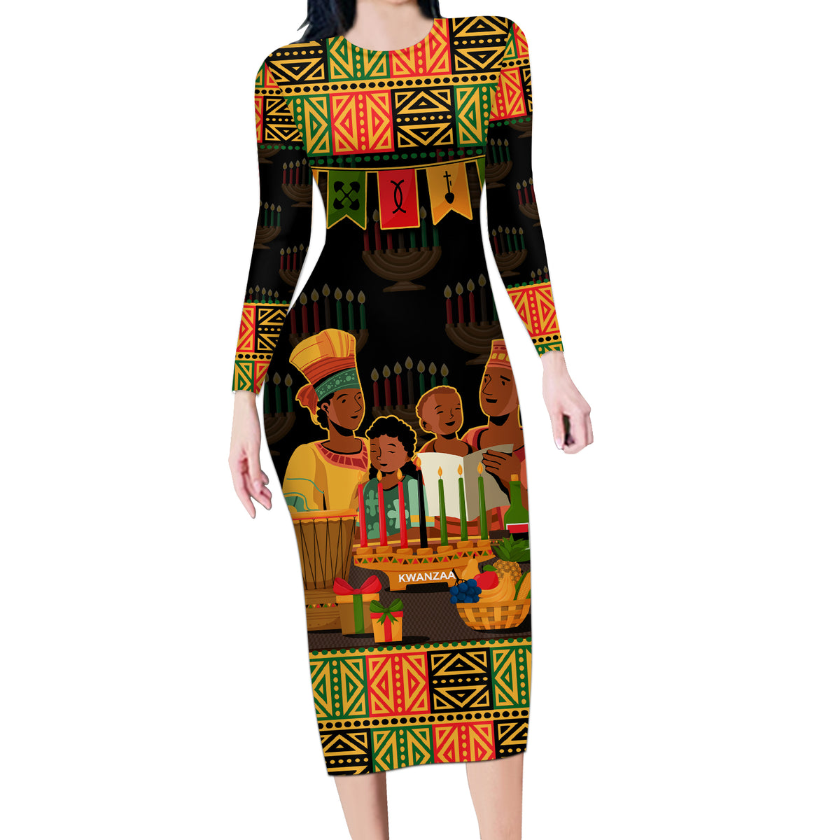 Happy Kwanzza Long Sleeve Bodycon Dress African-American Culture Celebration - Wonder Print Shop