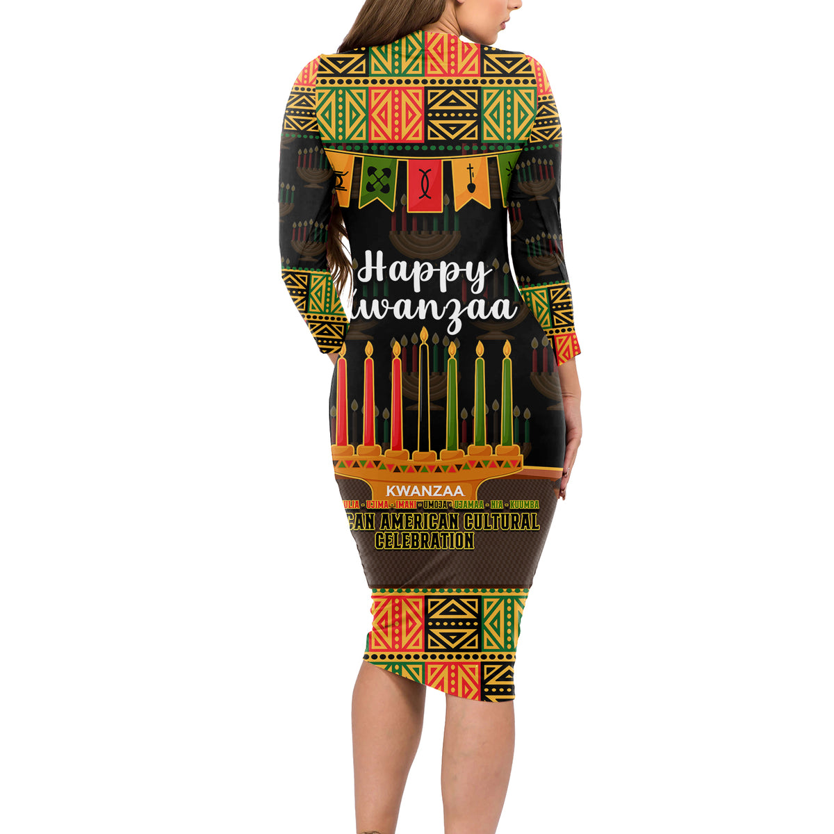 Happy Kwanzza Long Sleeve Bodycon Dress African-American Culture Celebration - Wonder Print Shop