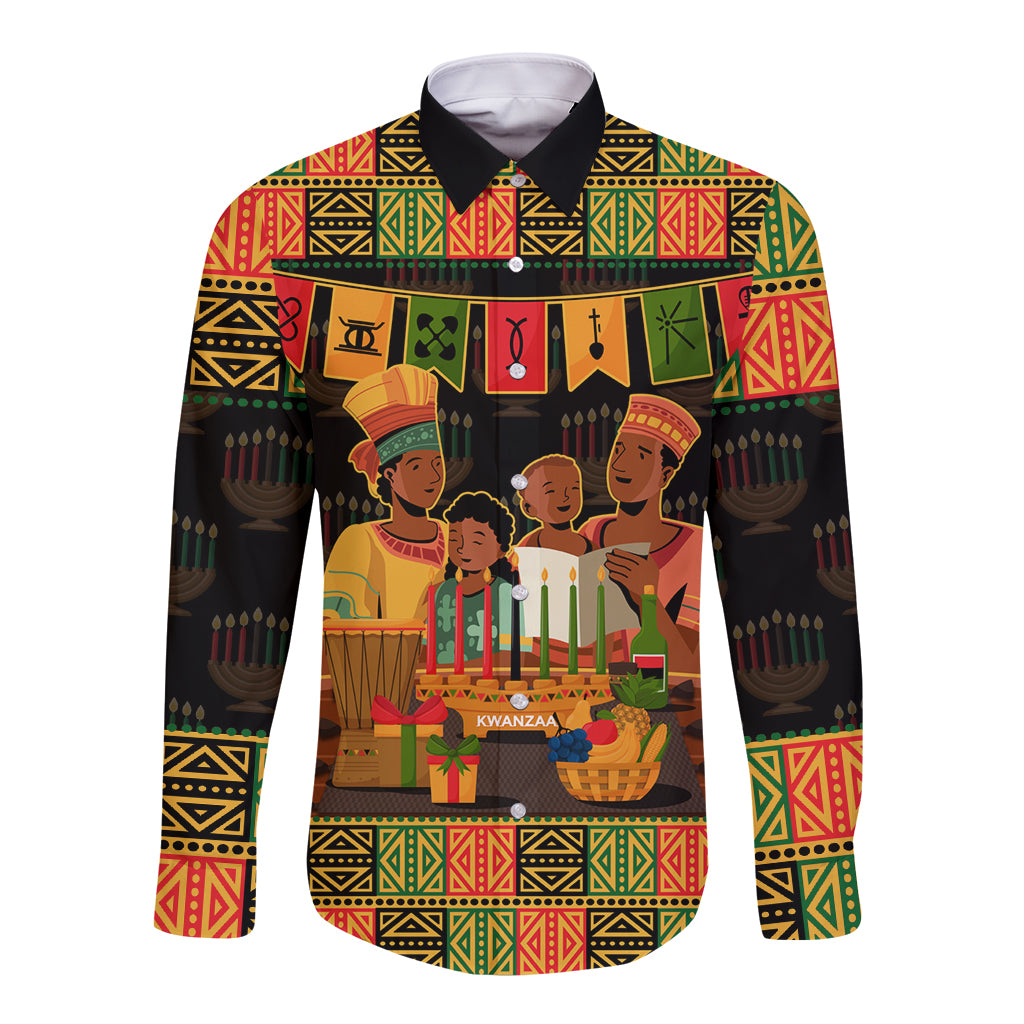 Happy Kwanzaa Long Sleeve Button Shirt African-American Culture Celebration - Wonder Print Shop
