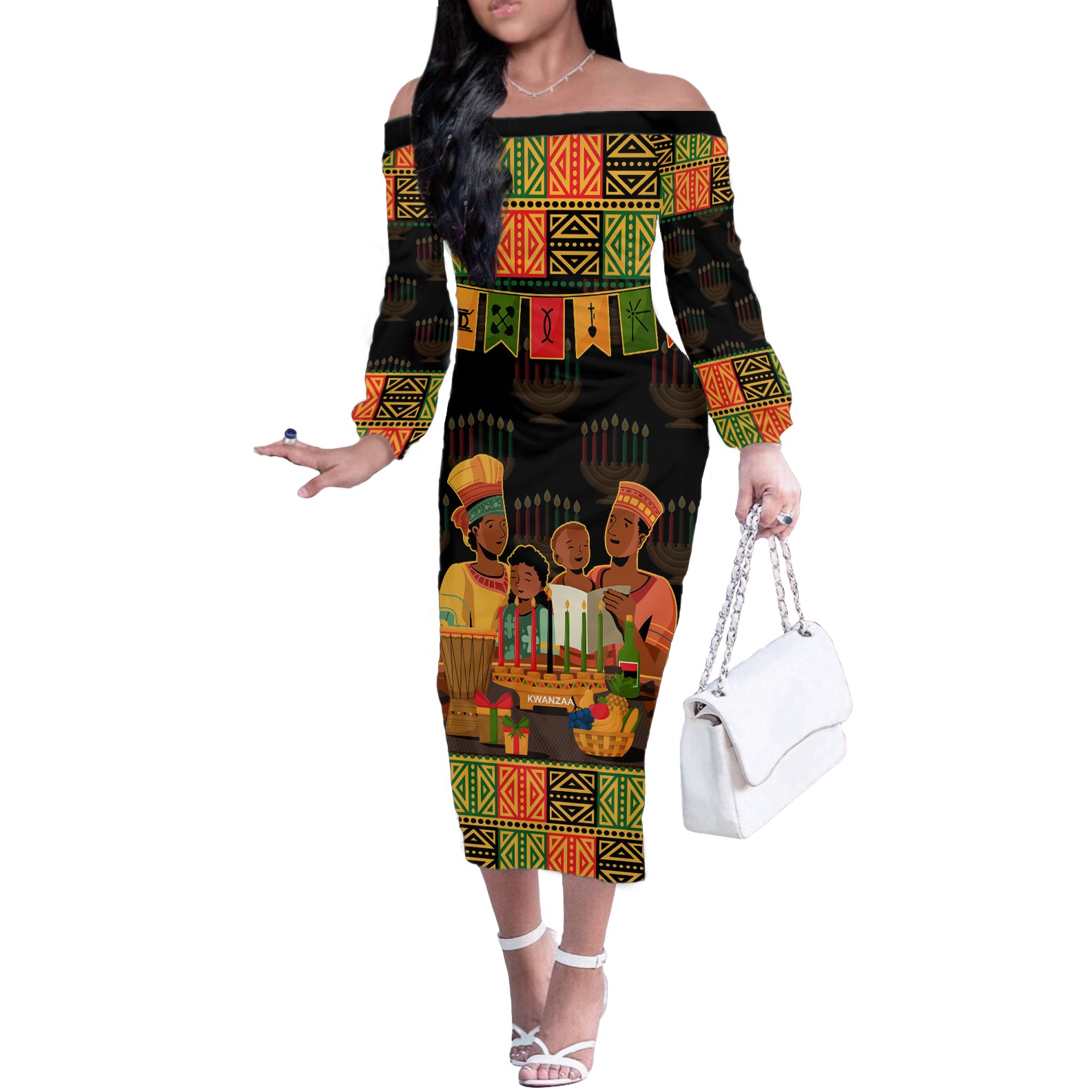 Happy Kwanzza Off The Shoulder Long Sleeve Dress African-American Culture Celebration - Wonder Print Shop