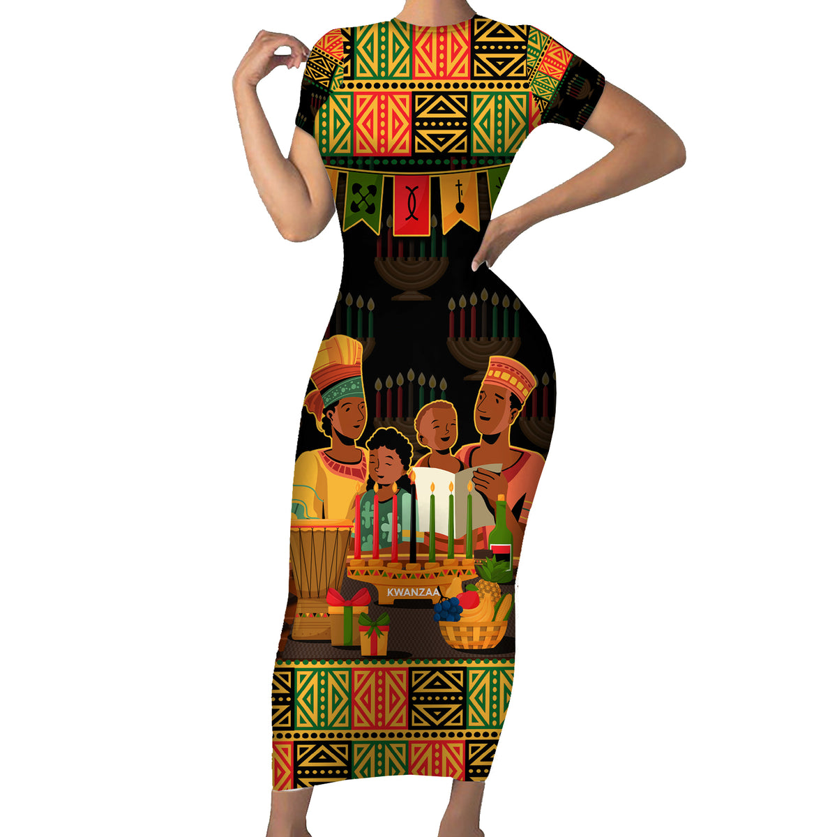 Happy Kwanzaa Short Sleeve Bodycon Dress African-American Culture Celebration - Wonder Print Shop