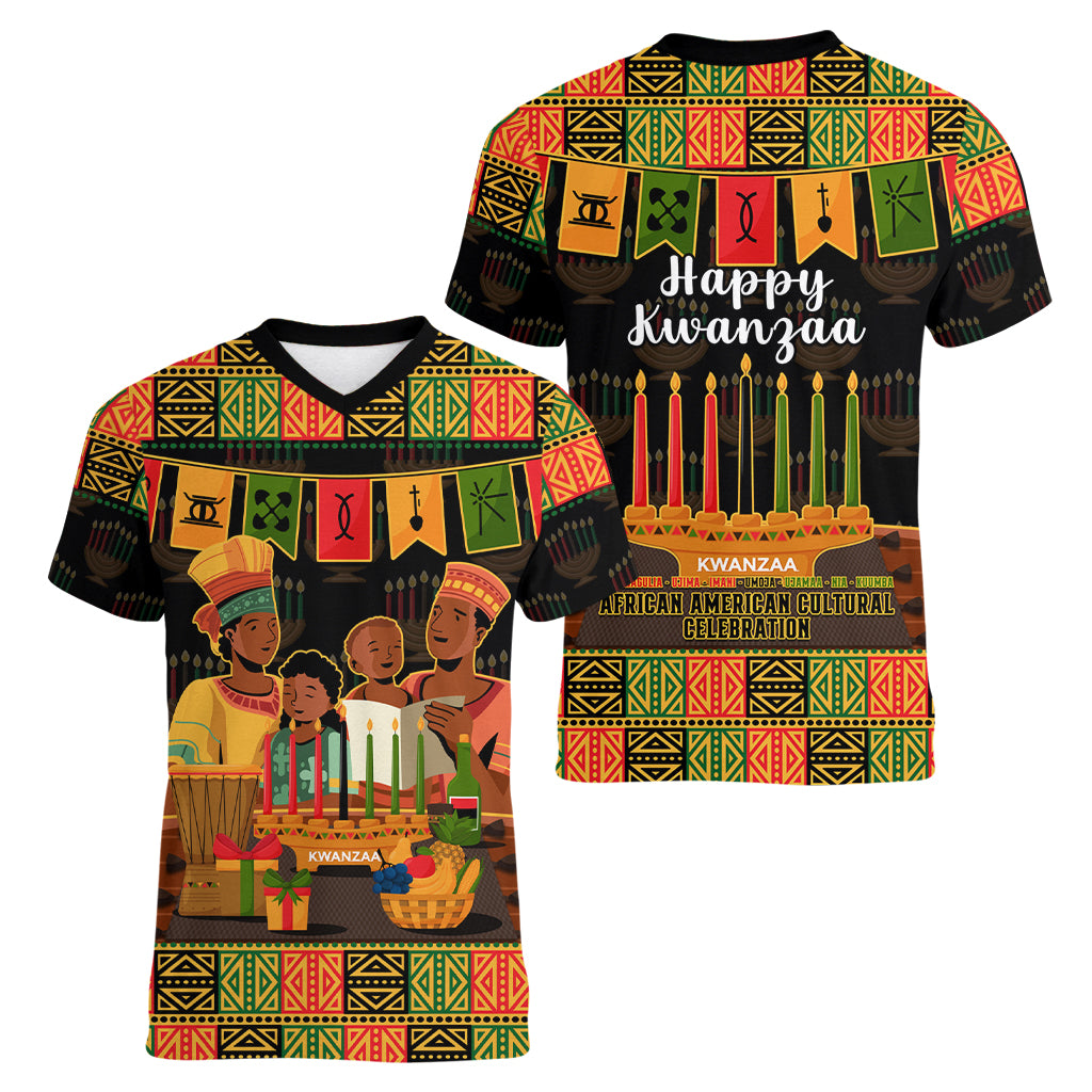 Happy Kwanzaa Women V Neck T Shirt African-American Culture Celebration - Wonder Print Shop