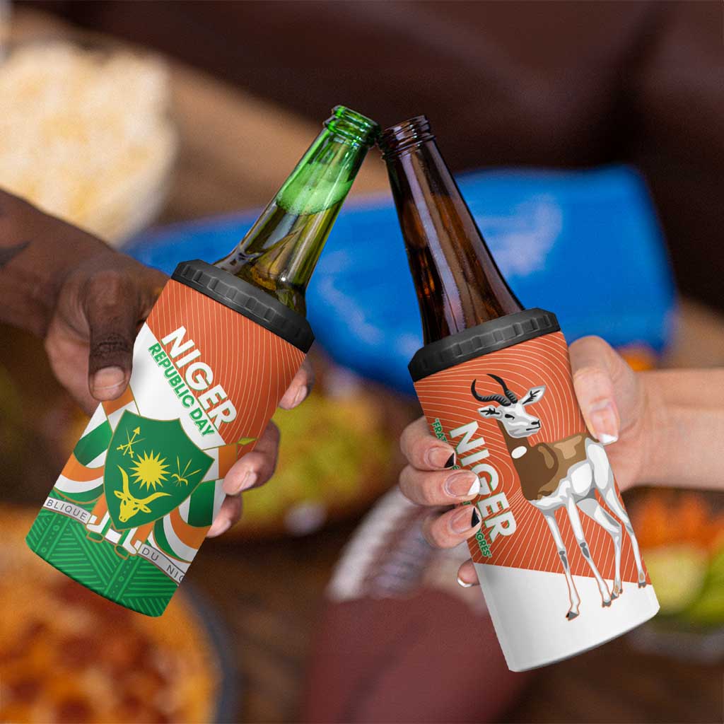 Niger Republic Day 4 in 1 Can Cooler Tumbler Coat Of Arms With Dama Gazelle - Wonder Print Shop