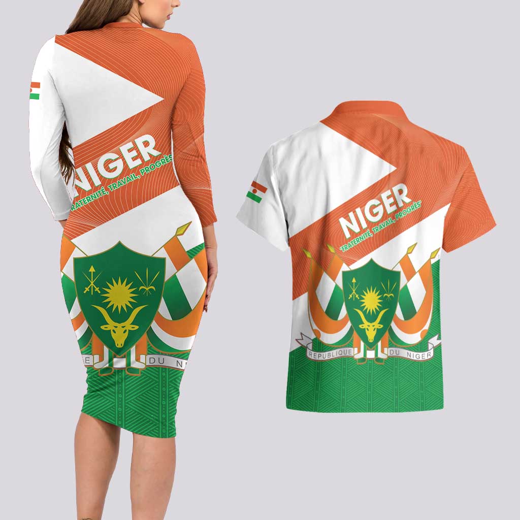 Niger Republic Day Couples Matching Long Sleeve Bodycon Dress and Hawaiian Shirt Coat Of Arms With Dama Gazelle - Wonder Print Shop