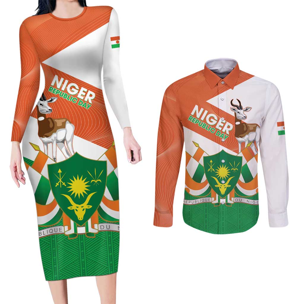 Niger Republic Day Couples Matching Long Sleeve Bodycon Dress and Long Sleeve Button Shirt Coat Of Arms With Dama Gazelle - Wonder Print Shop