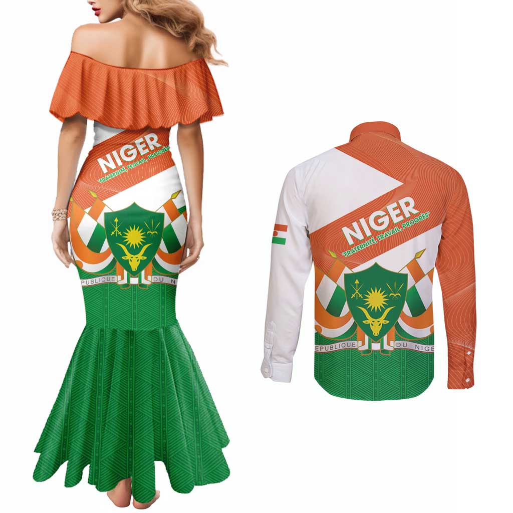 Niger Republic Day Couples Matching Mermaid Dress and Long Sleeve Button Shirt Coat Of Arms With Dama Gazelle