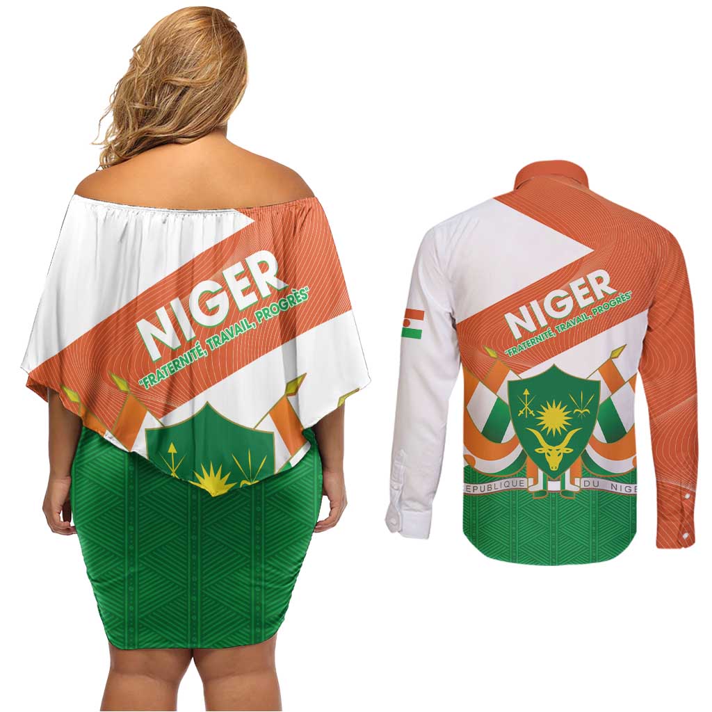 Niger Republic Day Couples Matching Off Shoulder Short Dress and Long Sleeve Button Shirt Coat Of Arms With Dama Gazelle - Wonder Print Shop