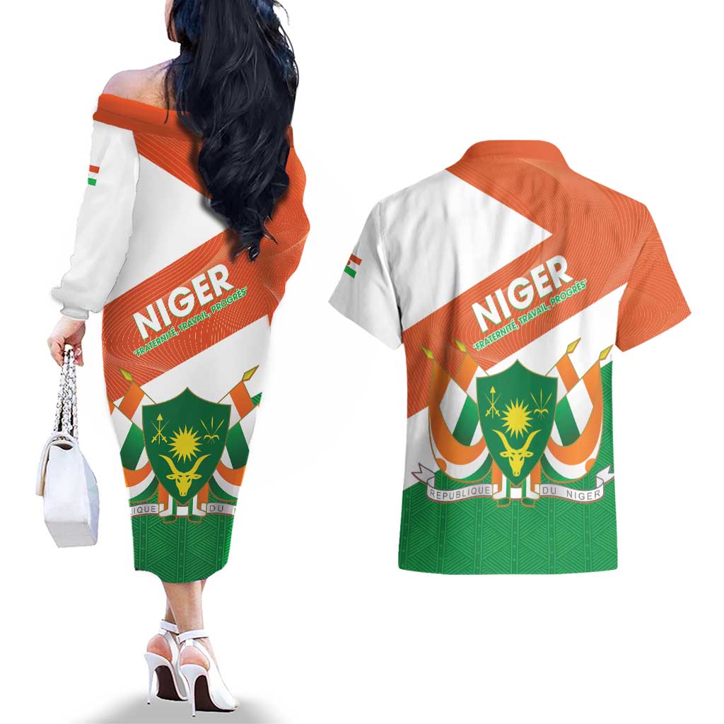 Niger Republic Day Couples Matching Off The Shoulder Long Sleeve Dress and Hawaiian Shirt Coat Of Arms With Dama Gazelle - Wonder Print Shop