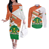 Niger Republic Day Couples Matching Off The Shoulder Long Sleeve Dress and Long Sleeve Button Shirt Coat Of Arms With Dama Gazelle