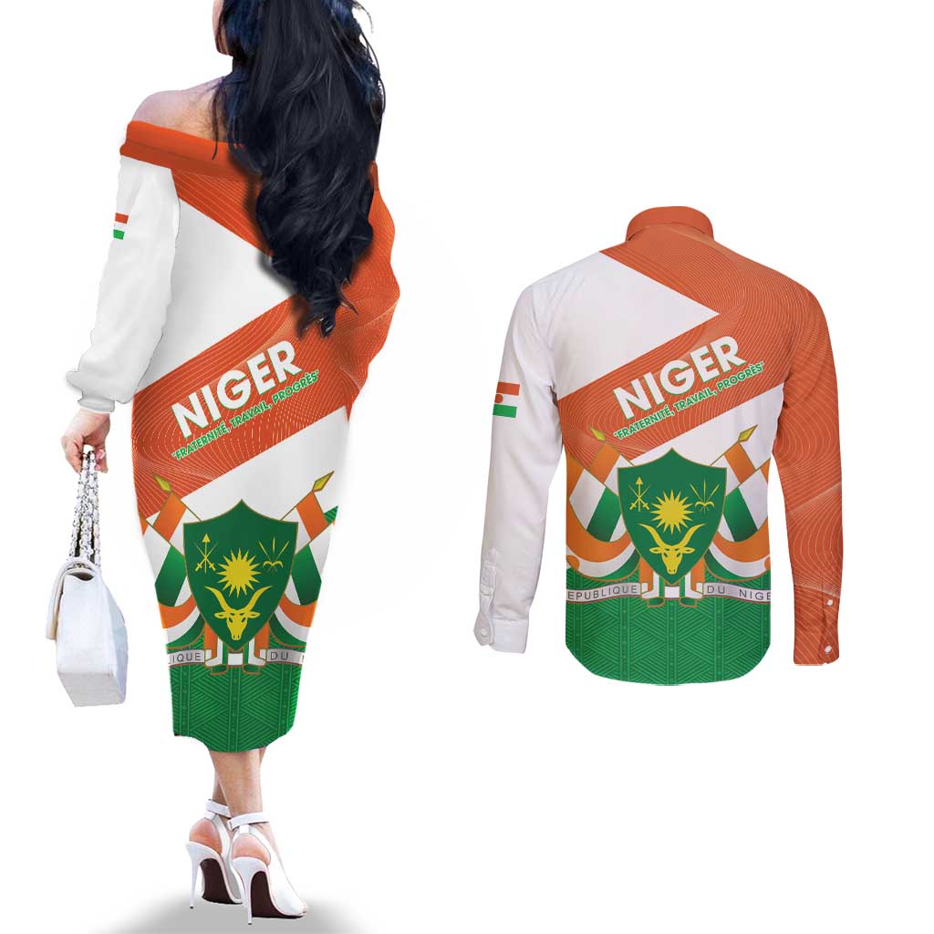 Niger Republic Day Couples Matching Off The Shoulder Long Sleeve Dress and Long Sleeve Button Shirt Coat Of Arms With Dama Gazelle