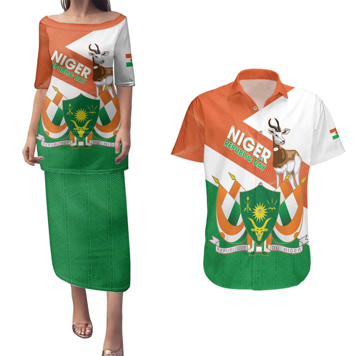 Niger Republic Day Couples Matching Puletasi and Hawaiian Shirt Coat Of Arms With Dama Gazelle - Wonder Print Shop