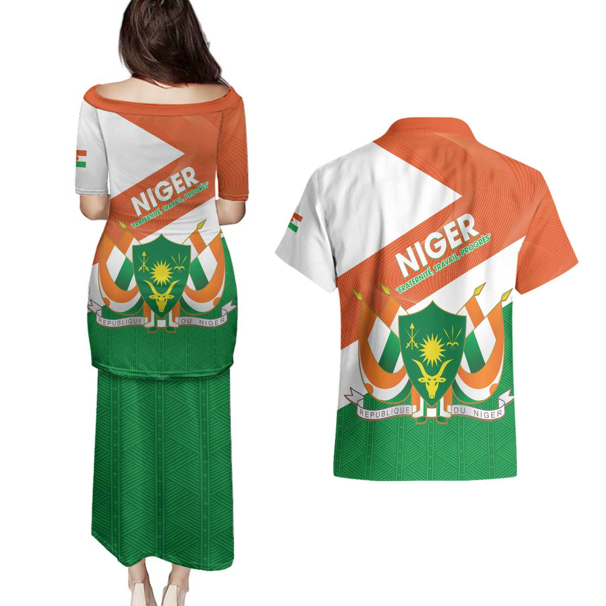 Niger Republic Day Couples Matching Puletasi and Hawaiian Shirt Coat Of Arms With Dama Gazelle - Wonder Print Shop