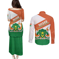 Niger Republic Day Couples Matching Puletasi and Long Sleeve Button Shirt Coat Of Arms With Dama Gazelle - Wonder Print Shop