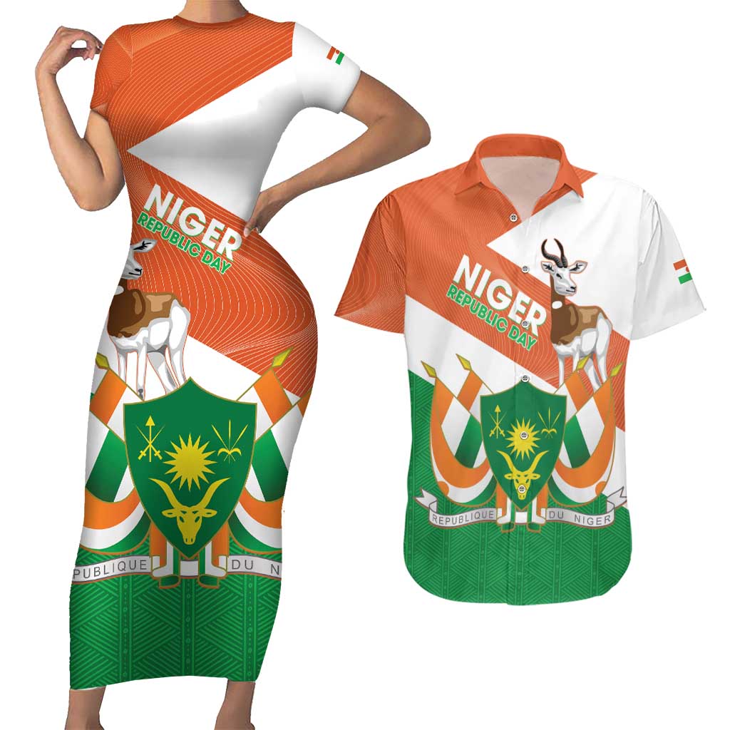 Niger Republic Day Couples Matching Short Sleeve Bodycon Dress and Hawaiian Shirt Coat Of Arms With Dama Gazelle - Wonder Print Shop