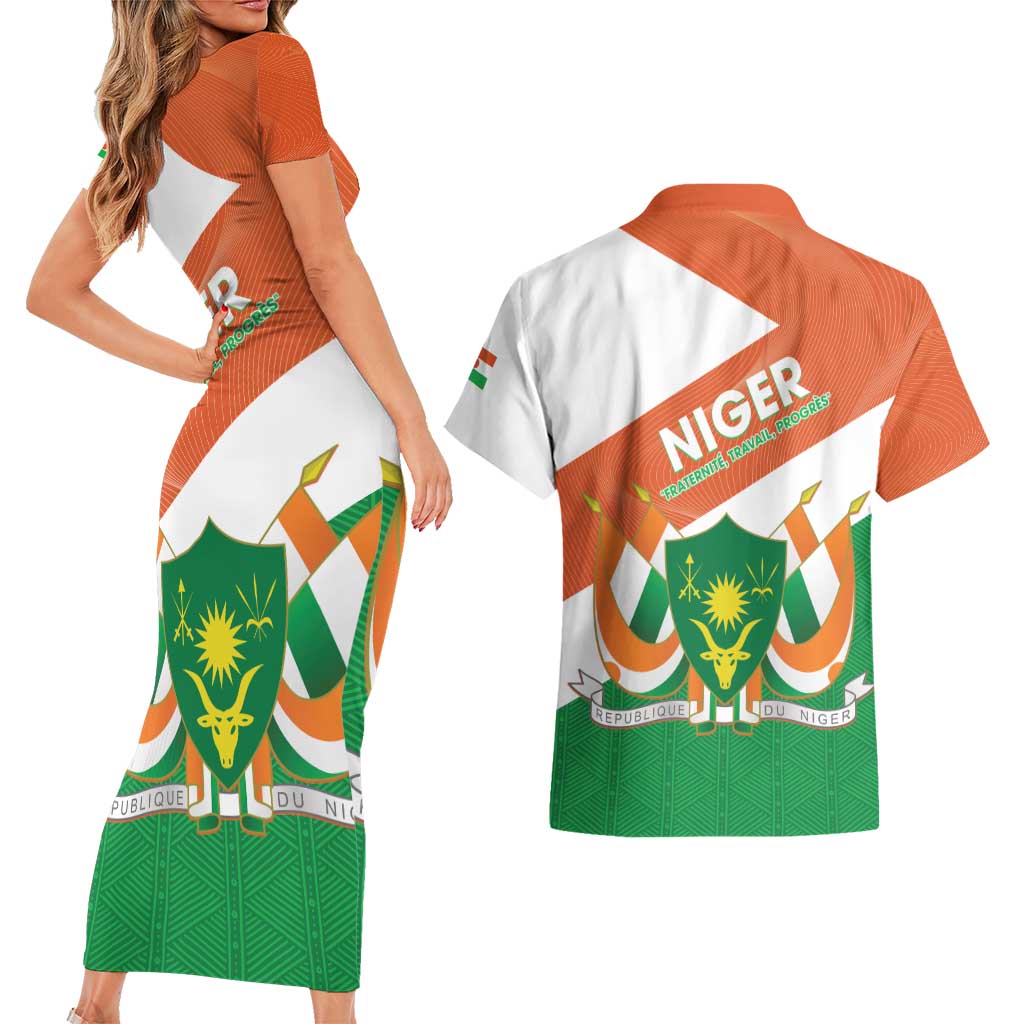 Niger Republic Day Couples Matching Short Sleeve Bodycon Dress and Hawaiian Shirt Coat Of Arms With Dama Gazelle - Wonder Print Shop