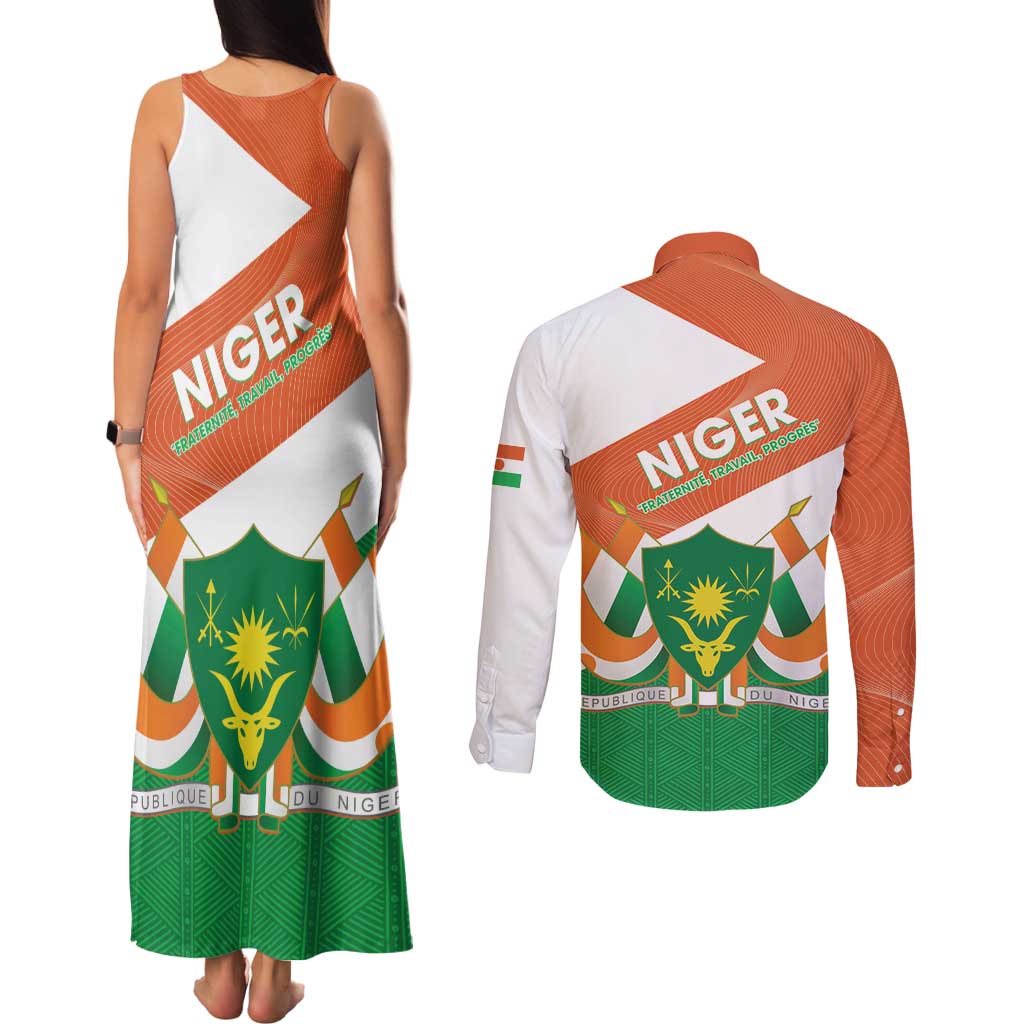 Niger Republic Day Couples Matching Tank Maxi Dress and Long Sleeve Button Shirt Coat Of Arms With Dama Gazelle - Wonder Print Shop