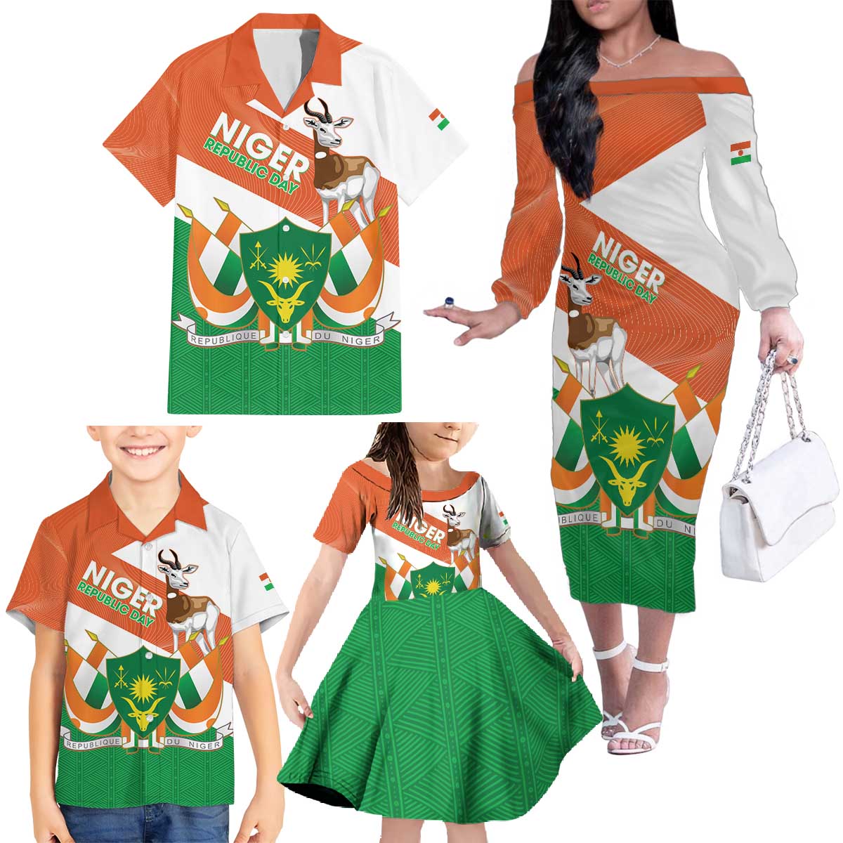 Niger Republic Day Family Matching Off The Shoulder Long Sleeve Dress and Hawaiian Shirt Coat Of Arms With Dama Gazelle - Wonder Print Shop