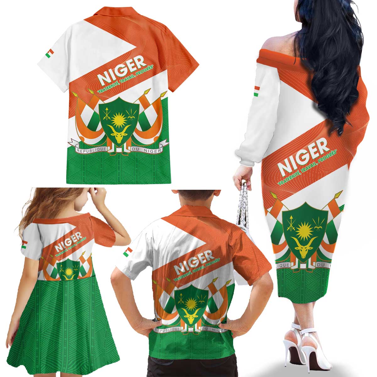 Niger Republic Day Family Matching Off The Shoulder Long Sleeve Dress and Hawaiian Shirt Coat Of Arms With Dama Gazelle - Wonder Print Shop