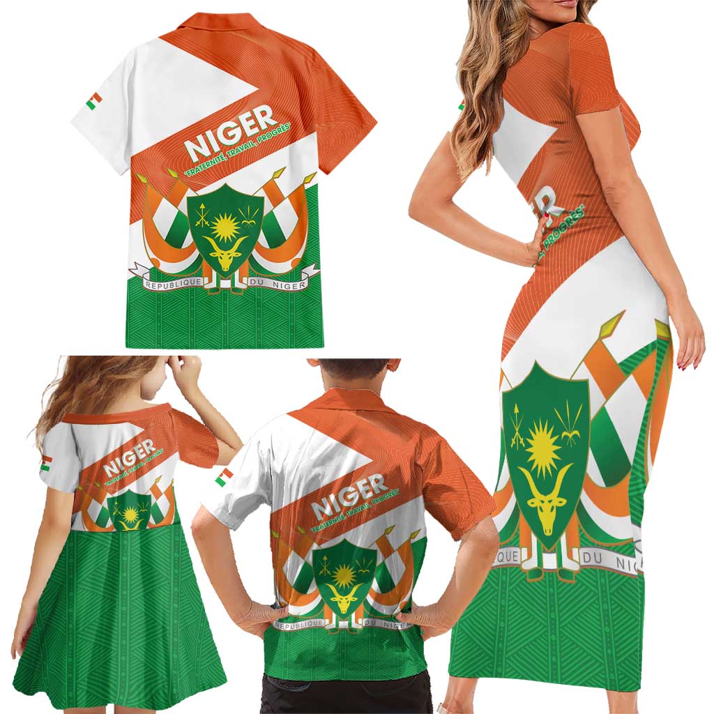 Niger Republic Day Family Matching Short Sleeve Bodycon Dress and Hawaiian Shirt Coat Of Arms With Dama Gazelle - Wonder Print Shop