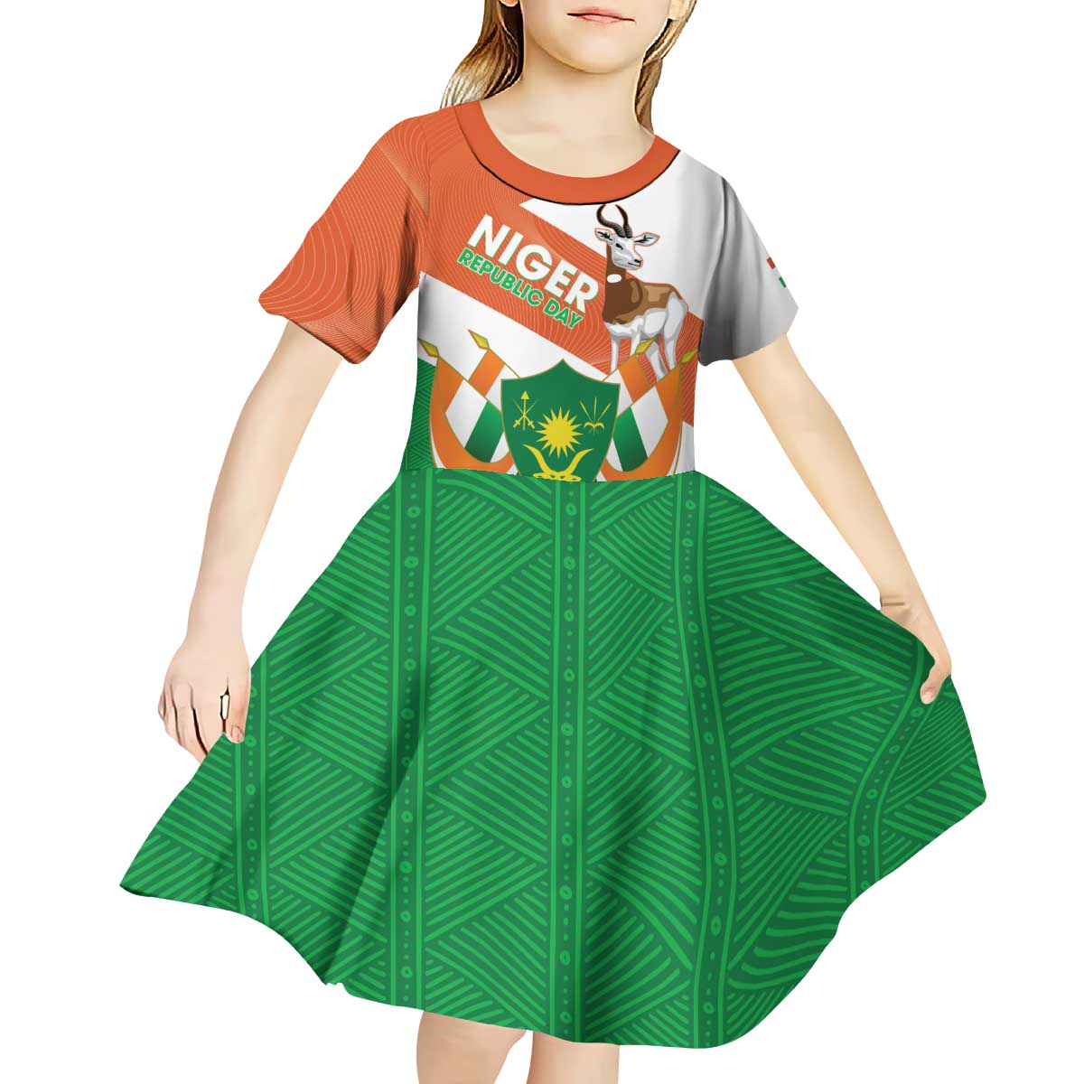 Niger Republic Day Kid Short Sleeve Dress Coat Of Arms With Dama Gazelle - Wonder Print Shop