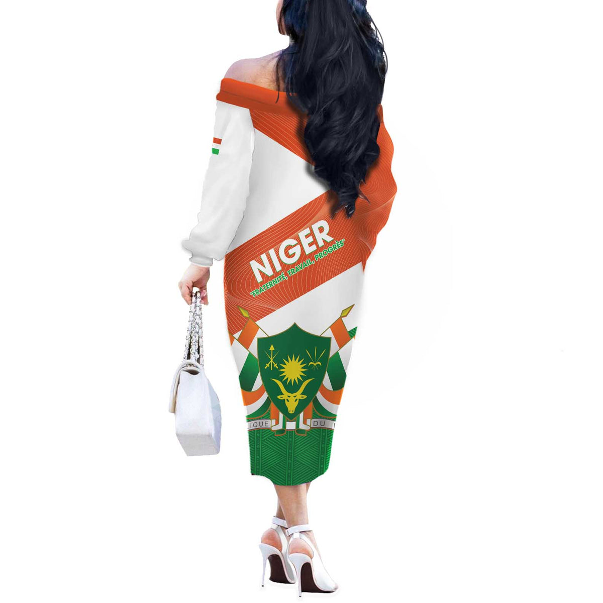 Niger Republic Day Off The Shoulder Long Sleeve Dress Coat Of Arms With Dama Gazelle - Wonder Print Shop