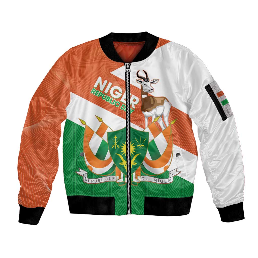Niger Republic Day Sleeve Zip Bomber Jacket Coat Of Arms With Dama Gazelle - Wonder Print Shop