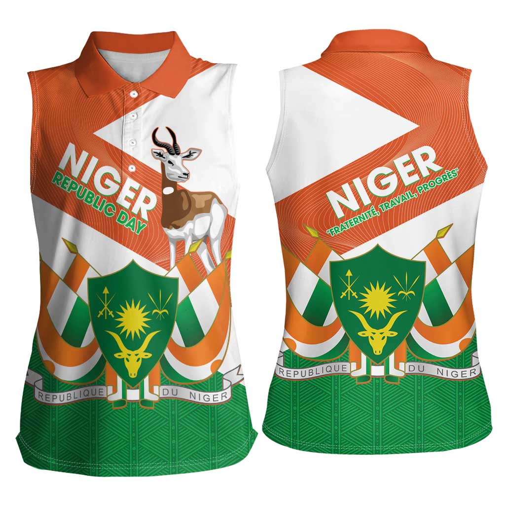 Niger Republic Day Women Sleeveless Polo Shirt Coat Of Arms With Dama Gazelle - Wonder Print Shop