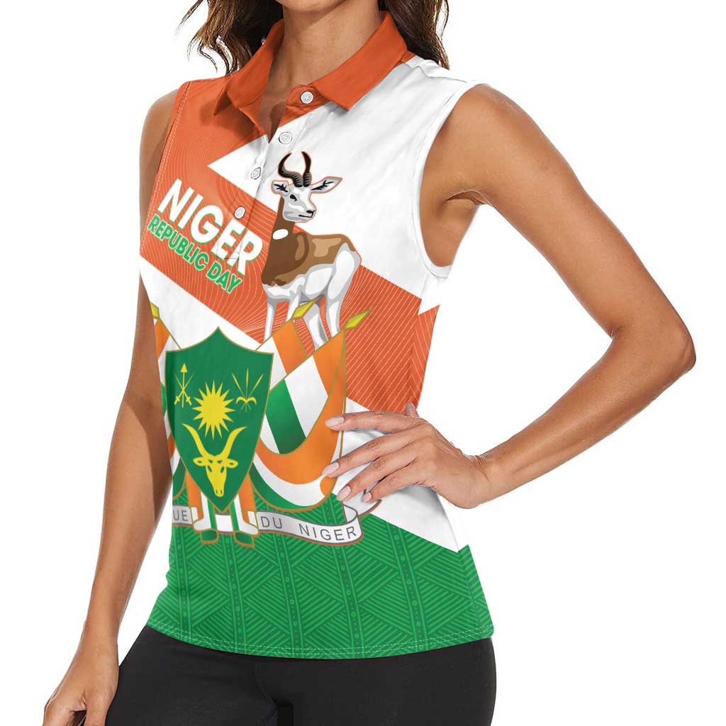 Niger Republic Day Women Sleeveless Polo Shirt Coat Of Arms With Dama Gazelle - Wonder Print Shop