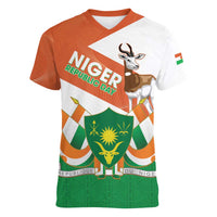 Niger Republic Day Women V-Neck T-Shirt Coat Of Arms With Dama Gazelle - Wonder Print Shop