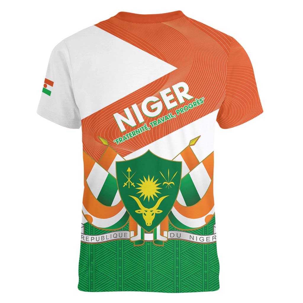 Niger Republic Day Women V-Neck T-Shirt Coat Of Arms With Dama Gazelle - Wonder Print Shop