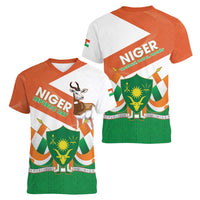 Niger Republic Day Women V-Neck T-Shirt Coat Of Arms With Dama Gazelle - Wonder Print Shop
