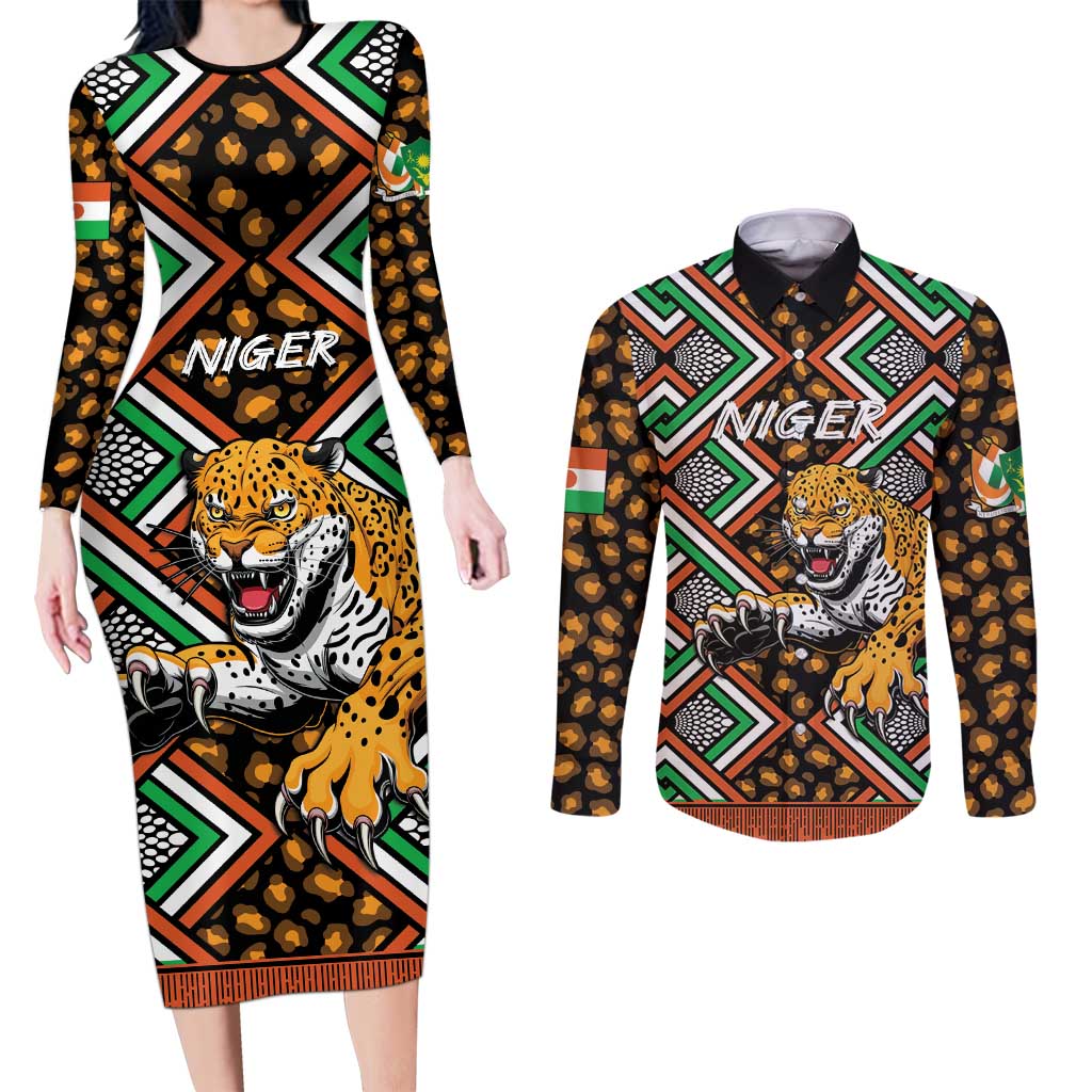Personalized Niger Couples Matching Long Sleeve Bodycon Dress and Long Sleeve Button Shirt Leopard Ankara African Pattern - Wonder Print Shop