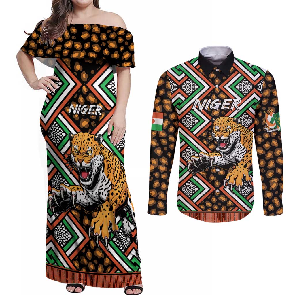 Personalized Niger Couples Matching Off Shoulder Maxi Dress and Long Sleeve Button Shirt Leopard Ankara African Pattern - Wonder Print Shop