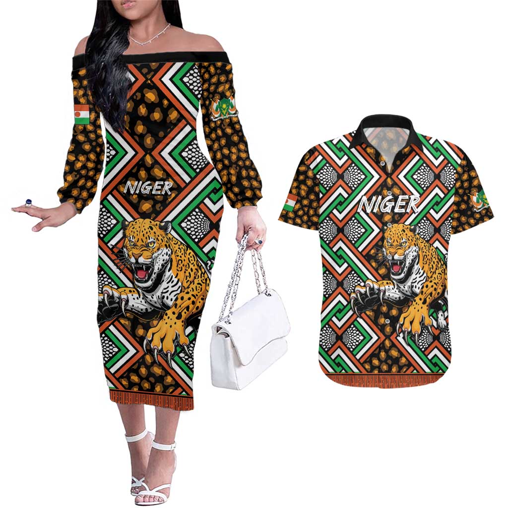 Personalized Niger Couples Matching Off The Shoulder Long Sleeve Dress and Hawaiian Shirt Leopard Ankara African Pattern - Wonder Print Shop