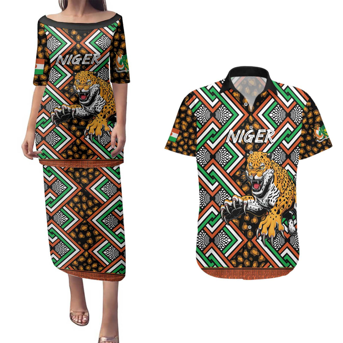 Personalized Niger Couples Matching Puletasi and Hawaiian Shirt Leopard Ankara African Pattern - Wonder Print Shop