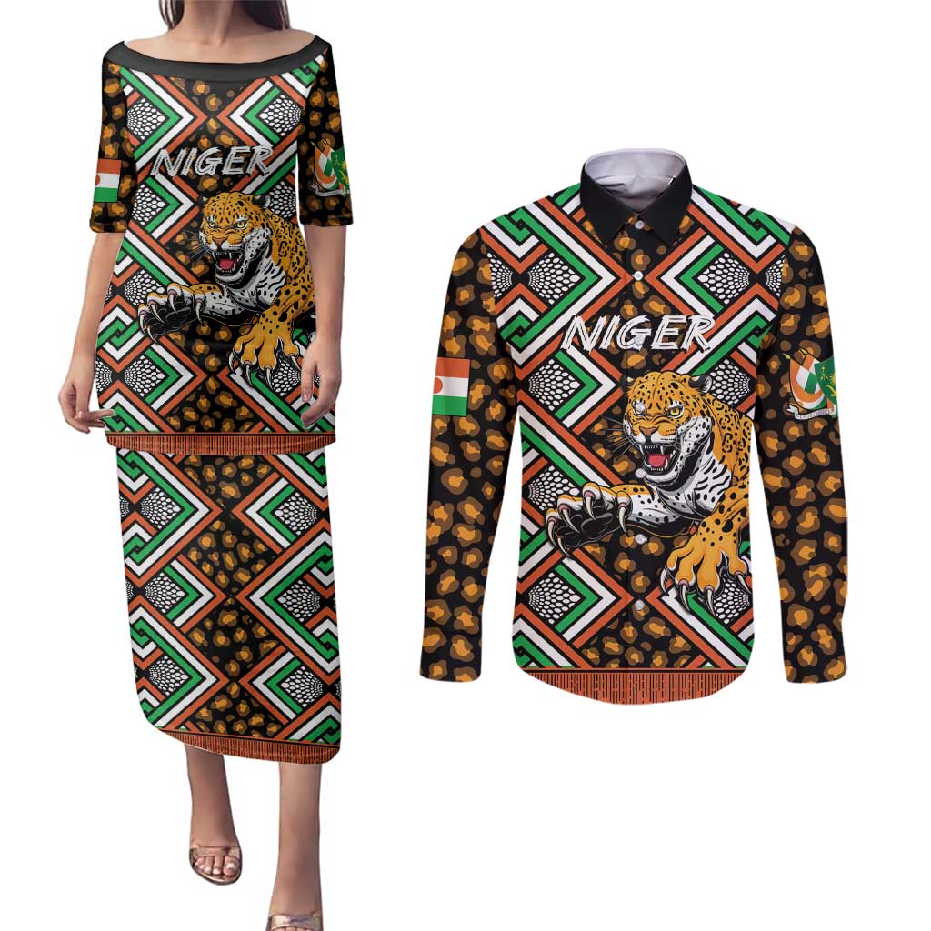 Personalized Niger Couples Matching Puletasi and Long Sleeve Button Shirt Leopard Ankara African Pattern - Wonder Print Shop