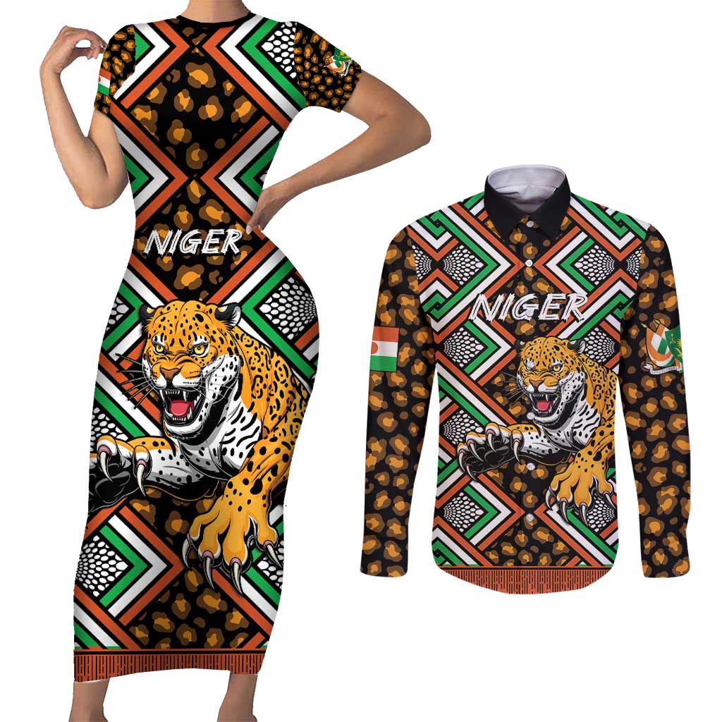 Personalized Niger Couples Matching Short Sleeve Bodycon Dress and Long Sleeve Button Shirt Leopard Ankara African Pattern - Wonder Print Shop