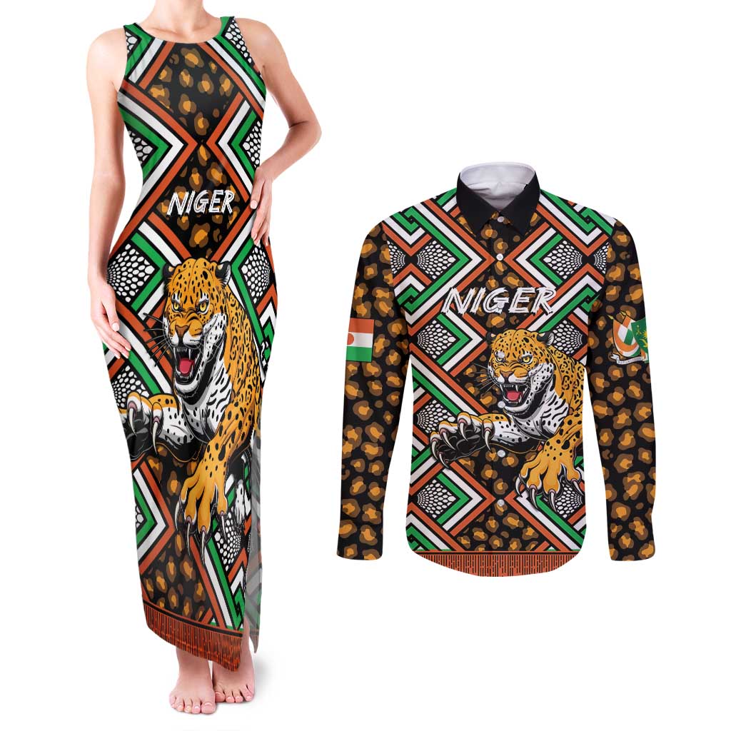 Personalized Niger Couples Matching Tank Maxi Dress and Long Sleeve Button Shirt Leopard Ankara African Pattern - Wonder Print Shop