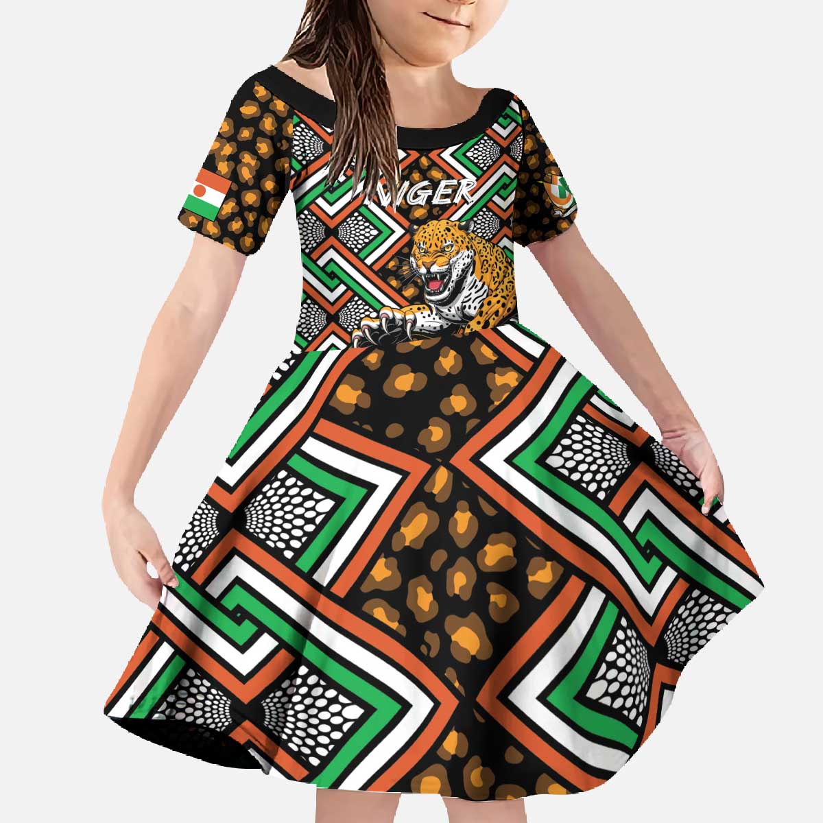 Personalized Niger Family Matching Off The Shoulder Long Sleeve Dress and Hawaiian Shirt Leopard Ankara African Pattern - Wonder Print Shop
