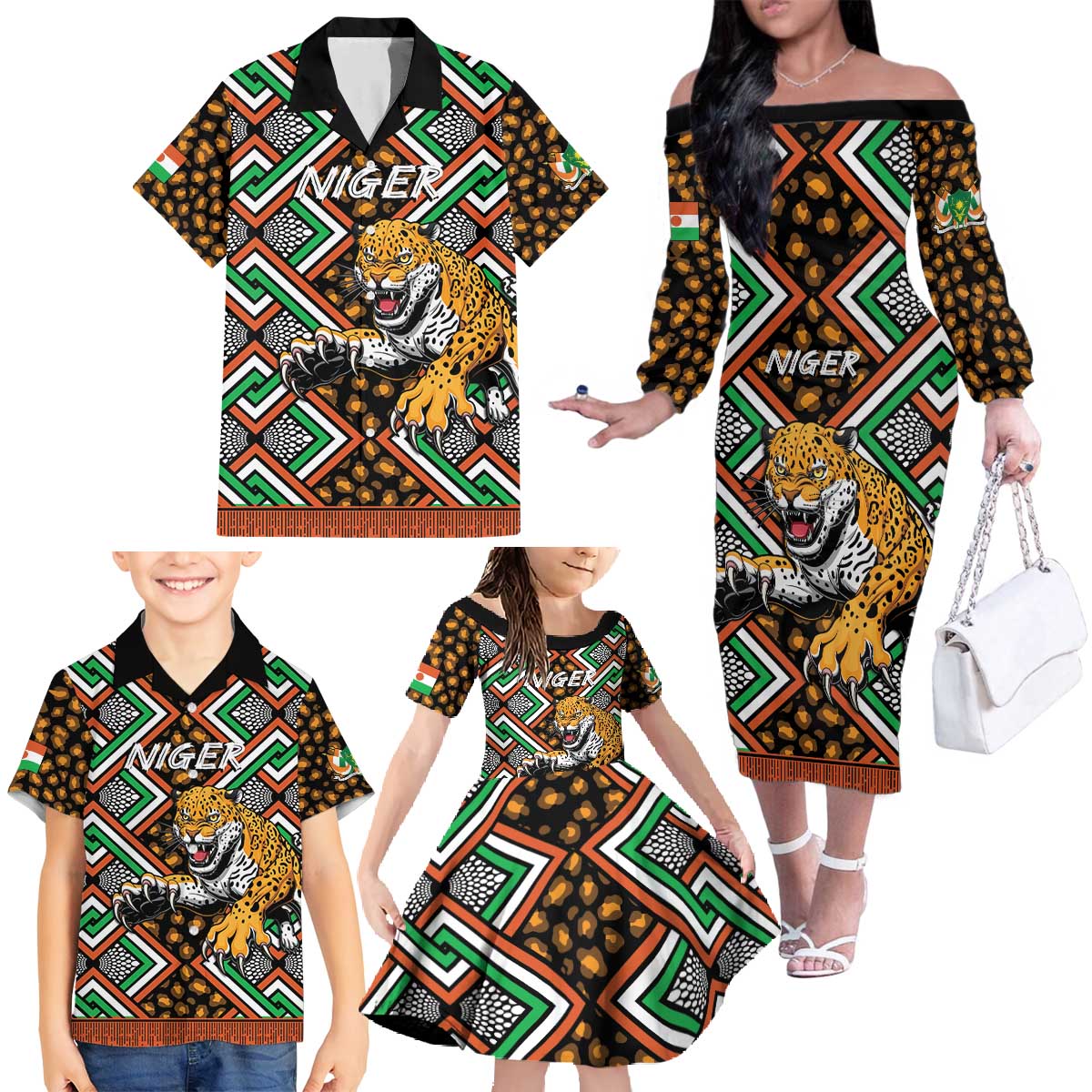 Personalized Niger Family Matching Off The Shoulder Long Sleeve Dress and Hawaiian Shirt Leopard Ankara African Pattern - Wonder Print Shop