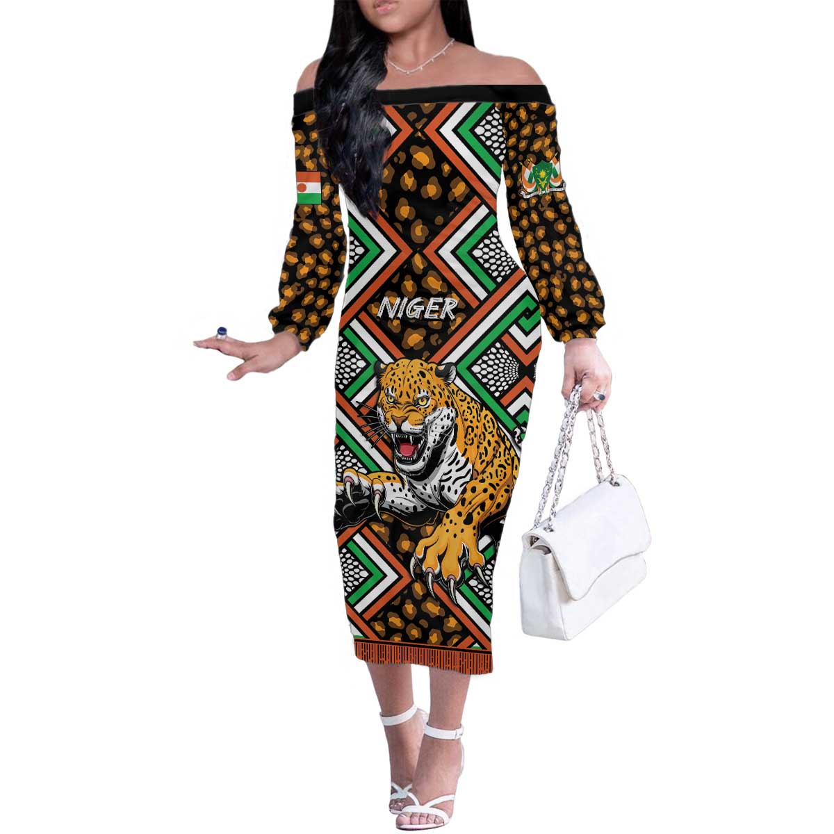 Personalized Niger Family Matching Off The Shoulder Long Sleeve Dress and Hawaiian Shirt Leopard Ankara African Pattern - Wonder Print Shop