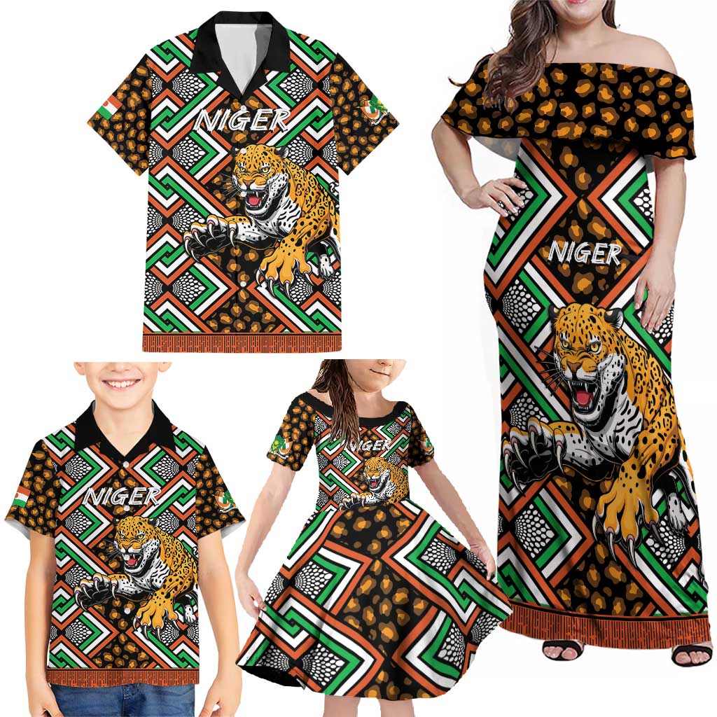 Personalized Niger Family Matching Off Shoulder Maxi Dress and Hawaiian Shirt Leopard Ankara African Pattern - Wonder Print Shop
