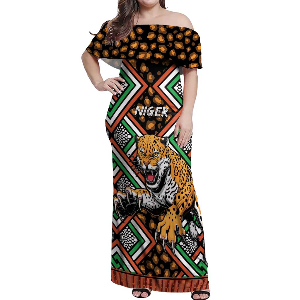 Personalized Niger Off Shoulder Maxi Dress Leopard Ankara African Pattern - Wonder Print Shop