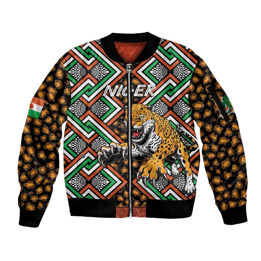 Personalized Niger Sleeve Zip Bomber Jacket Leopard Ankara African Pattern - Wonder Print Shop