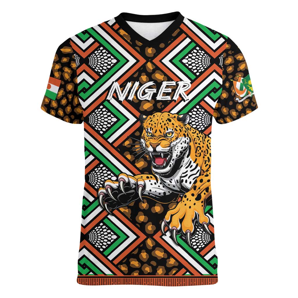 Personalized Niger Women V-Neck T-Shirt Leopard Ankara African Pattern - Wonder Print Shop