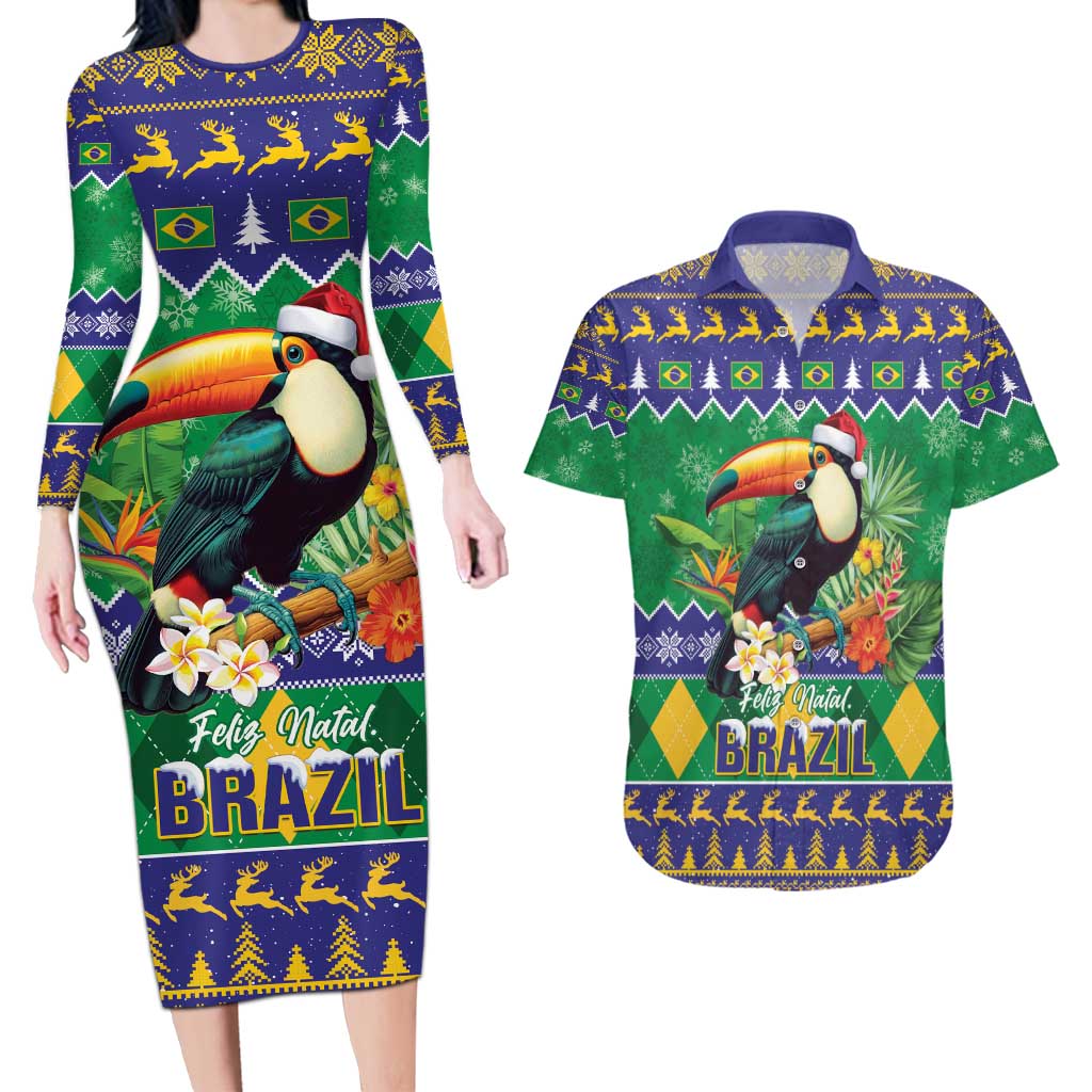 Brazil Christmas Couples Matching Long Sleeve Bodycon Dress and Hawaiian Shirt Toco Toucan Feliz Natal - Wonder Print Shop