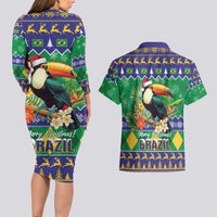 Brazil Christmas Couples Matching Long Sleeve Bodycon Dress and Hawaiian Shirt Toco Toucan Feliz Natal - Wonder Print Shop